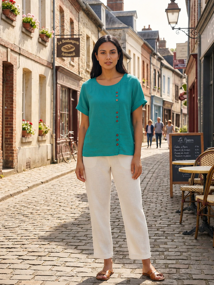 Foreen | Women's Casual Scoop Neck Button Detail Short Sleeve Top