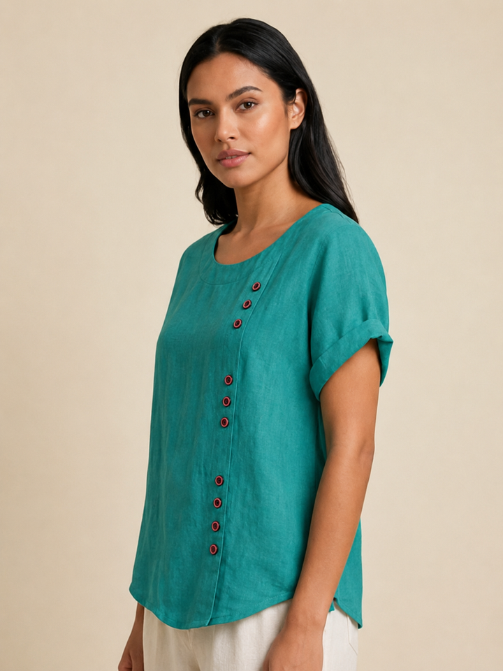 Foreen | Women's Casual Scoop Neck Button Detail Short Sleeve Top