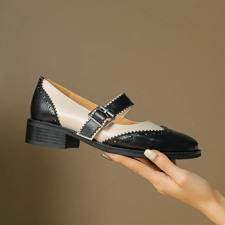Harlow | Women's Two-Tone Leather Mary Jane Shoes Brogue T-Strap