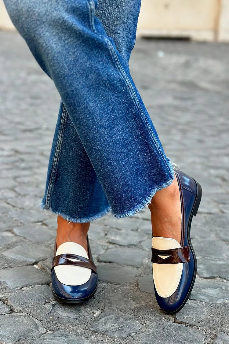 Adrienne | Women's Two Tone Slip On Loafers - Navy - Image 1