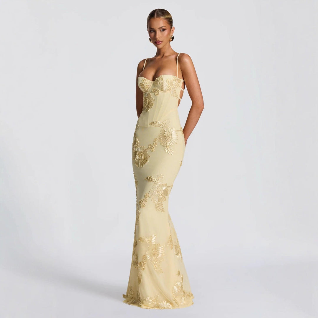 Aelara | Women's Floral Embellished Maxi Wedding Guest Dress - Cream - Image 1