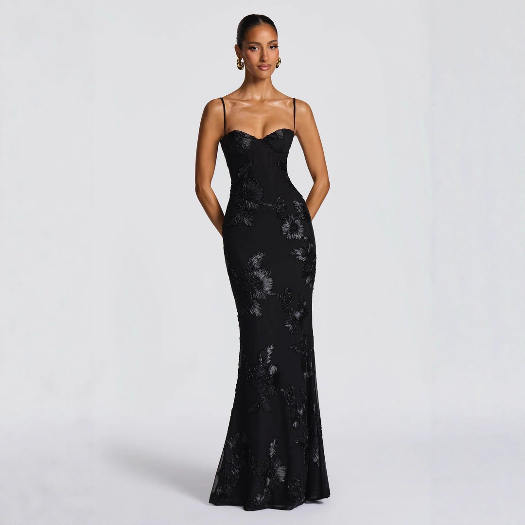 Aelara | Women's Floral Embellished Maxi Wedding Guest Dress - Cream - Image 5