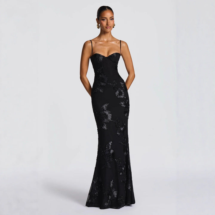 Aelara | Women's Floral Embellished Maxi Wedding Guest Dress - Cream - Image 5