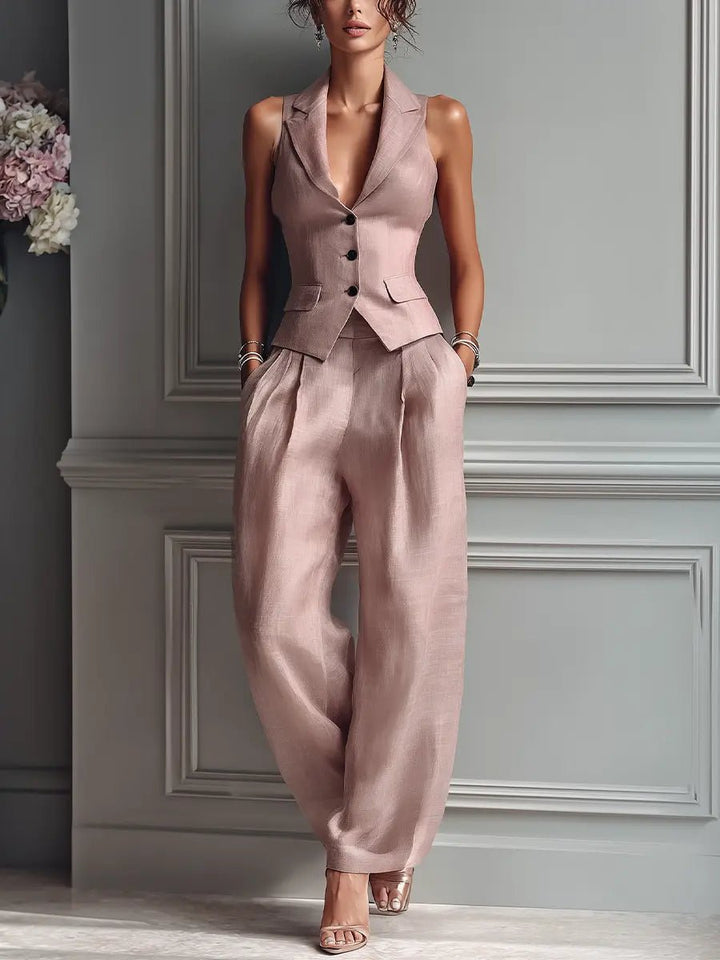Anneliese | Women's Sleeveless Vest Wide Leg Pants Set - Light Pink - Image 2
