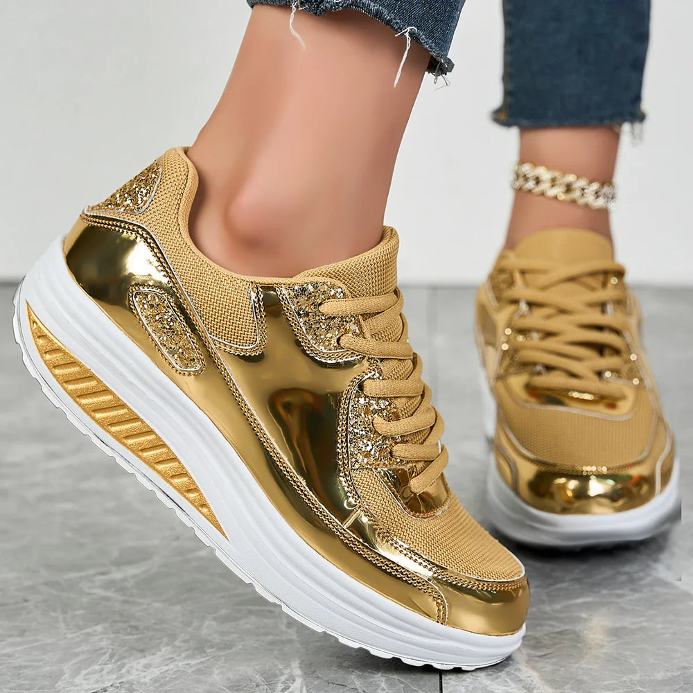 Aurelia | Women's Rhinestone Platform Sneakers - Gold - Image 2