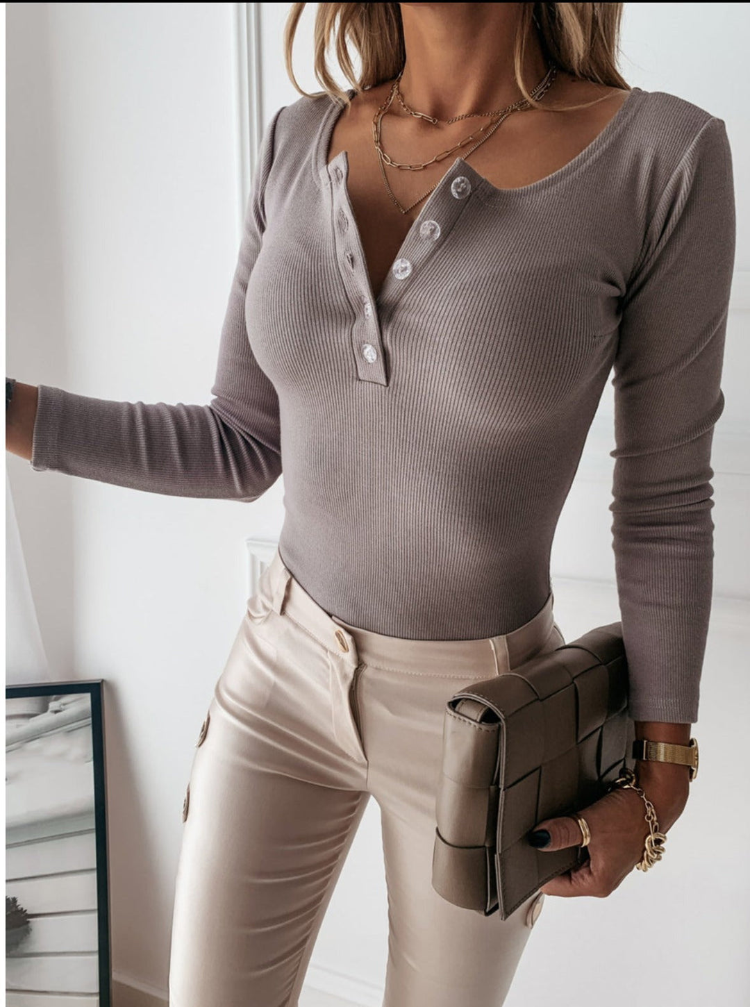 Aurelia | Women's Ribbed Henley Long Sleeve Bodysuit - Grey - Image 1