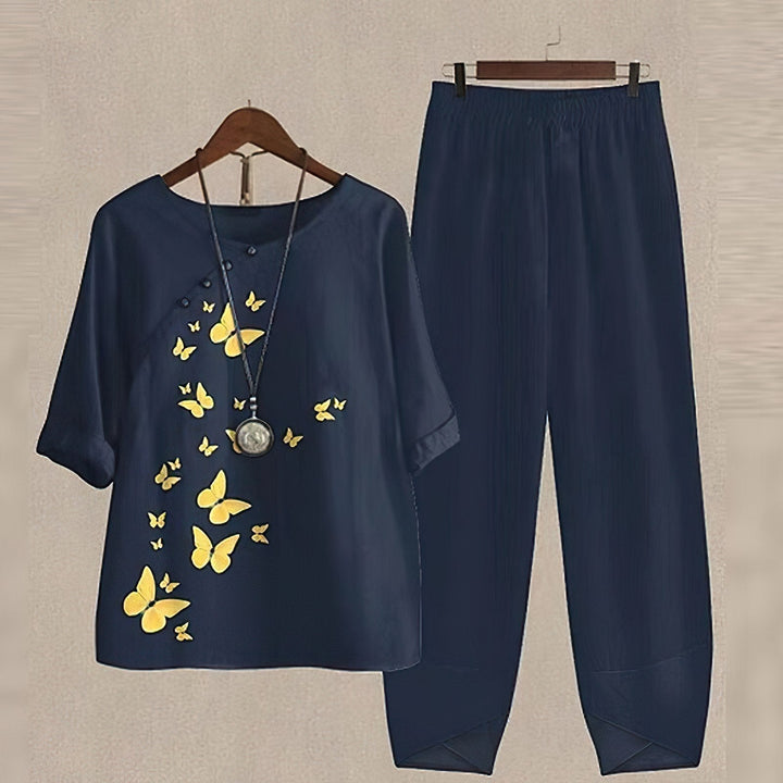 Aveline | Women's Butterfly Print 2-Piece Top & Pants Set - Navy - Image 1