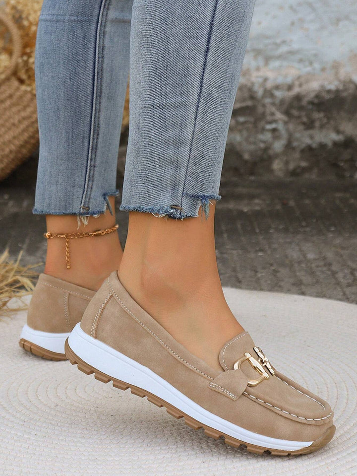 Azalea | Women's Gold Buckle Comfort Loafers - Beige - Image 4