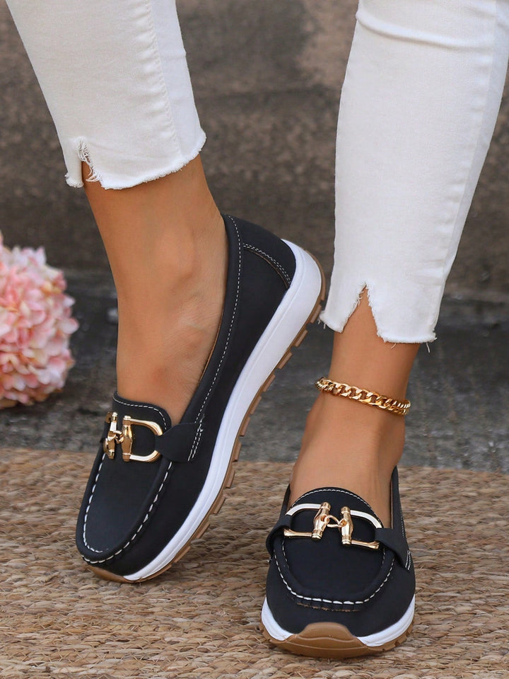 Azalea | Women's Gold Buckle Comfort Loafers - Beige - Image 7