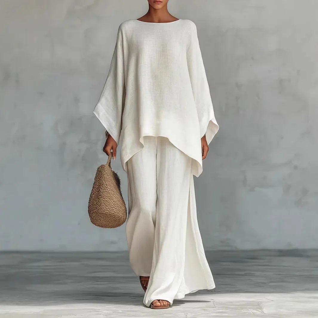 Beatrice | Women's Oversized Round Neck Wide Leg Set - White - Image 1