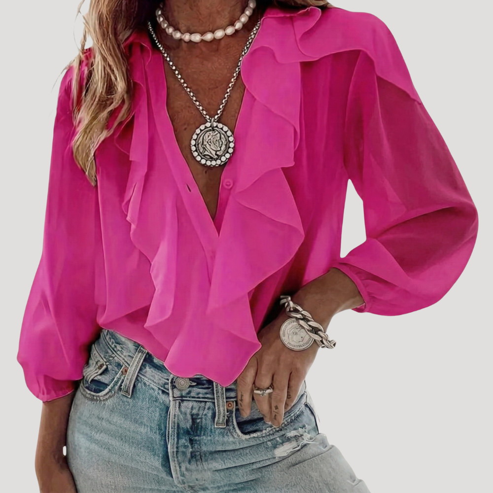 Beatrice | Women's Ruffle Front V-Neck Long Sleeve Blouse - White - Image 2