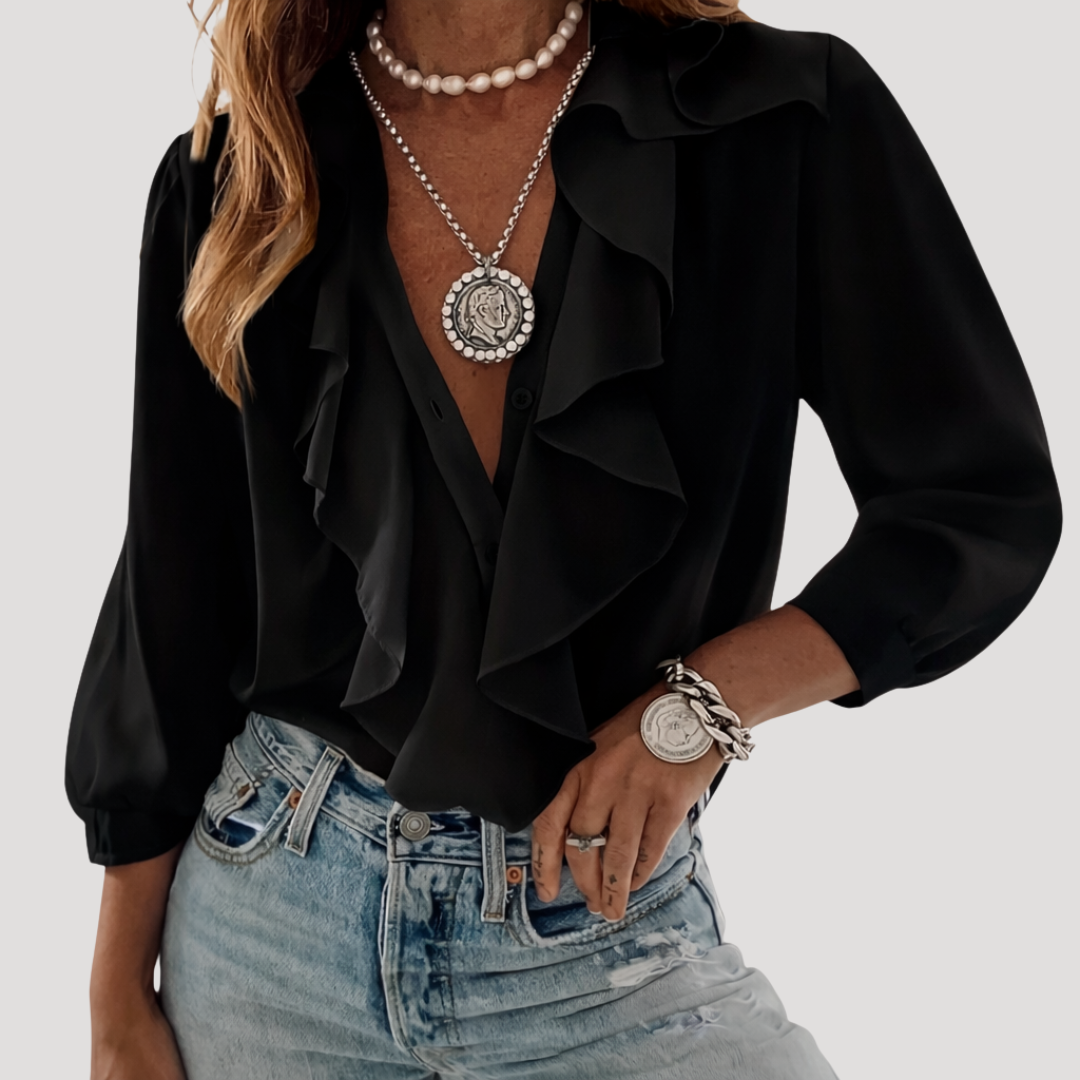 Beatrice | Women's Ruffle Front V-Neck Long Sleeve Blouse - White - Image 4