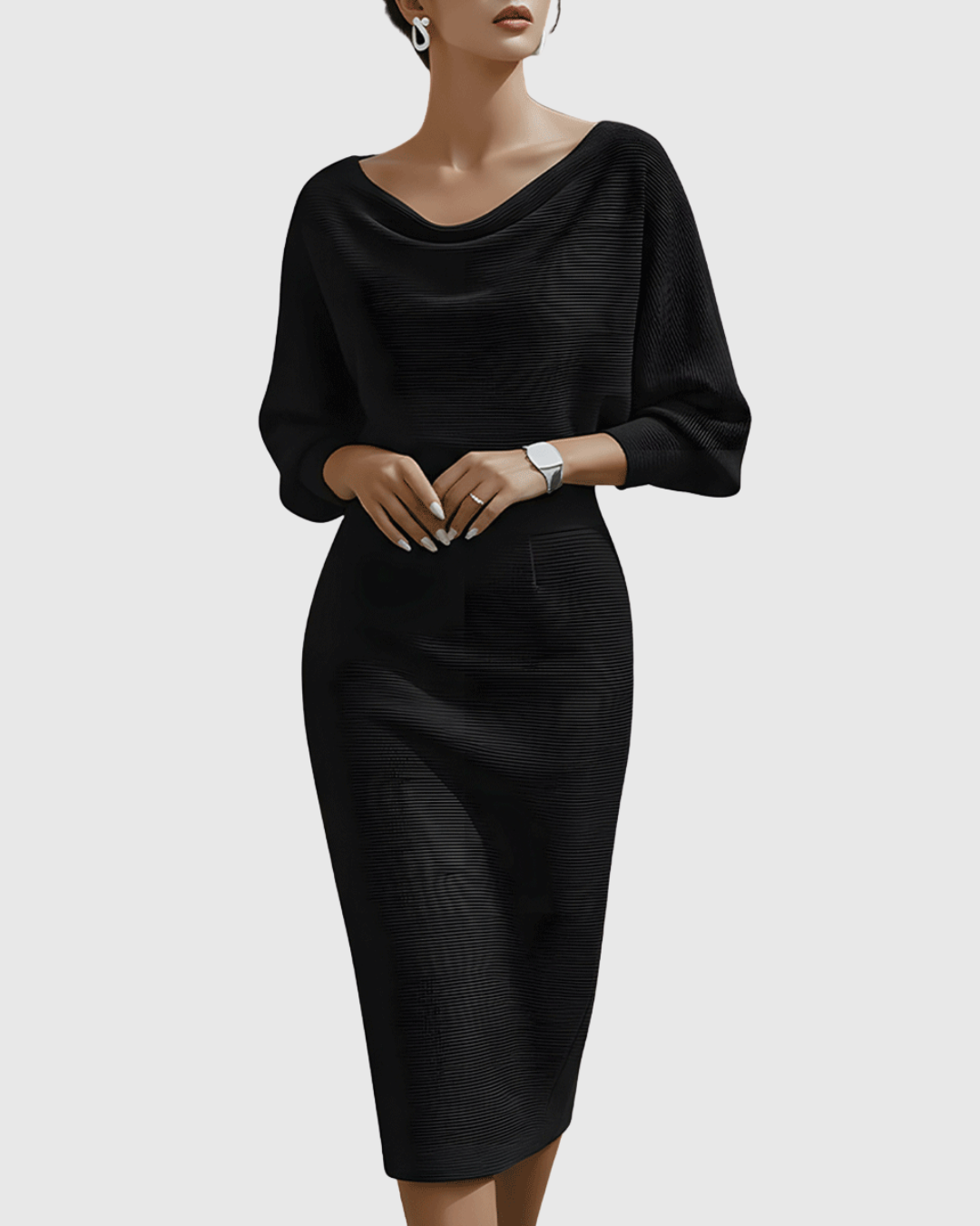 Beatrix | Women's Cowl Neck Long Sleeve Midi Dress - Navy - Image 3