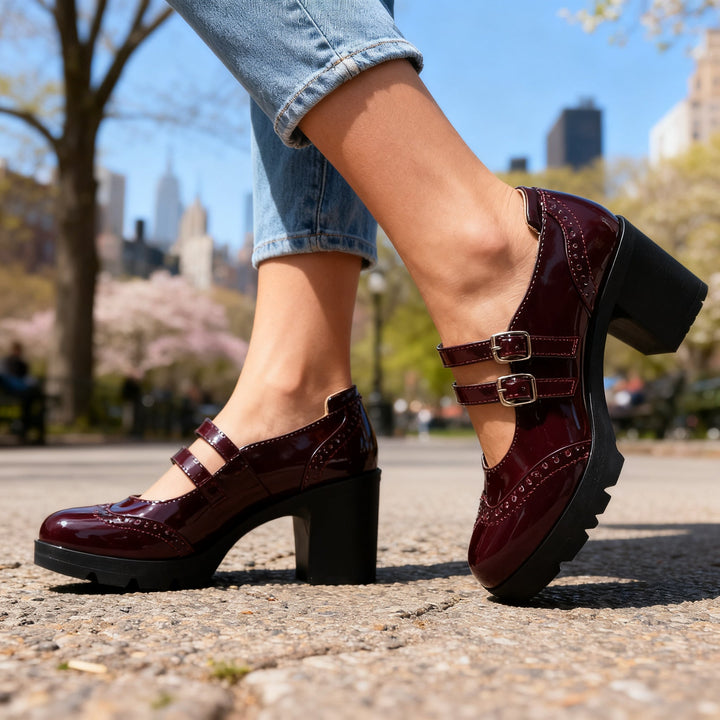 Brexley | Women's Double Strap Platform Mary Jane Heel - Black - Image 3