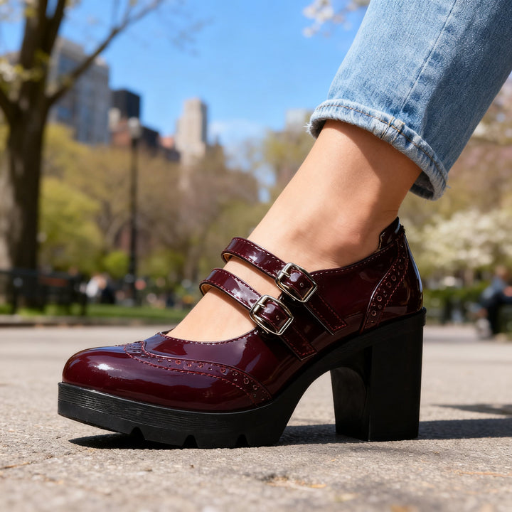 Brexley | Women's Double Strap Platform Mary Jane Heel - Black - Image 9