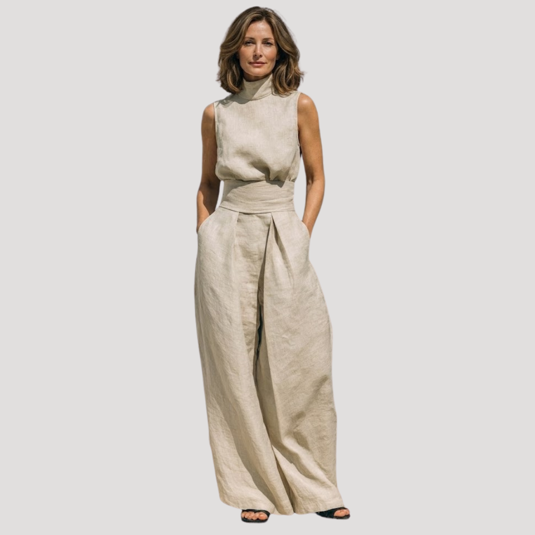 Briana | Women's Mock Neck Sleeveless Wide Leg Trouser Set - Beige - Image 1