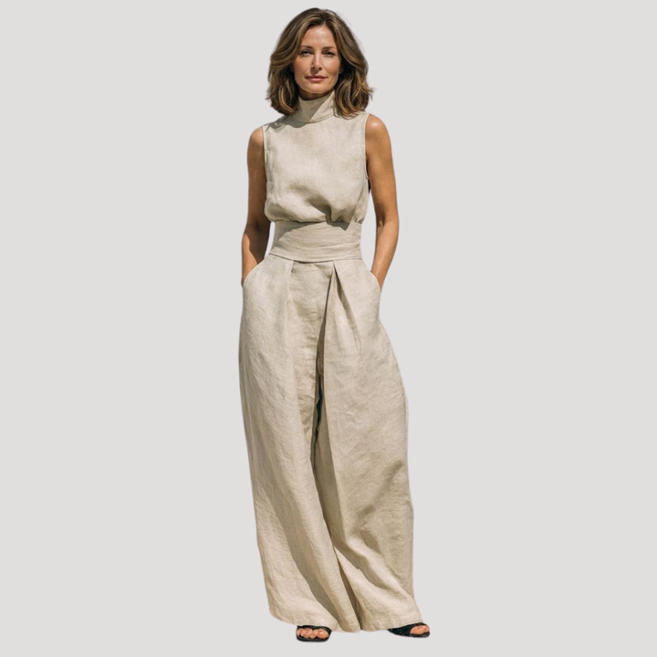 Briana | Women's Mock Neck Sleeveless Wide Leg Trouser Set - Beige - Image 1