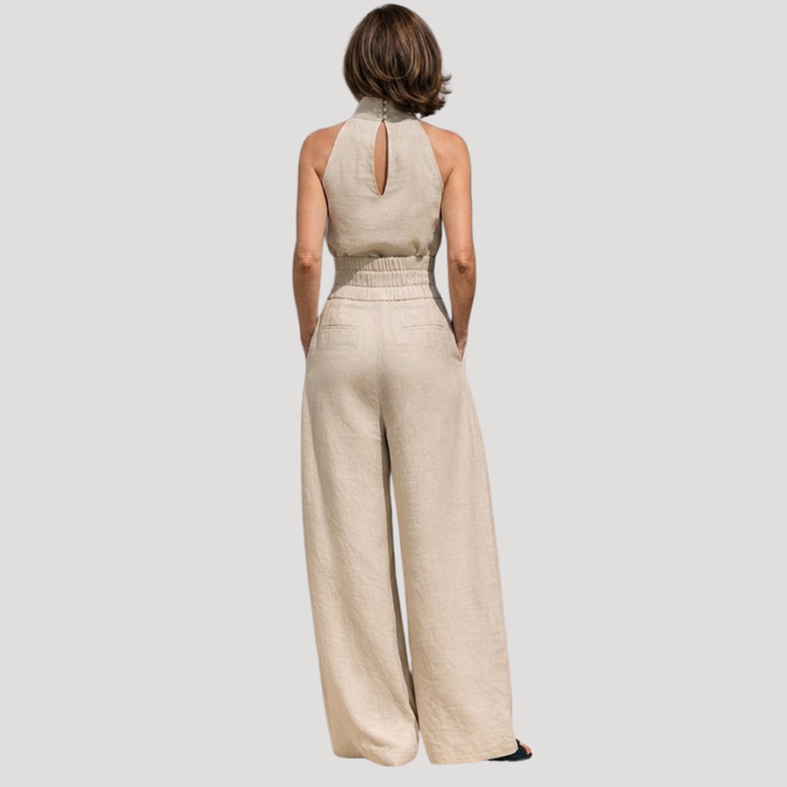 Briana | Women's Mock Neck Sleeveless Wide Leg Trouser Set - Beige - Image 2