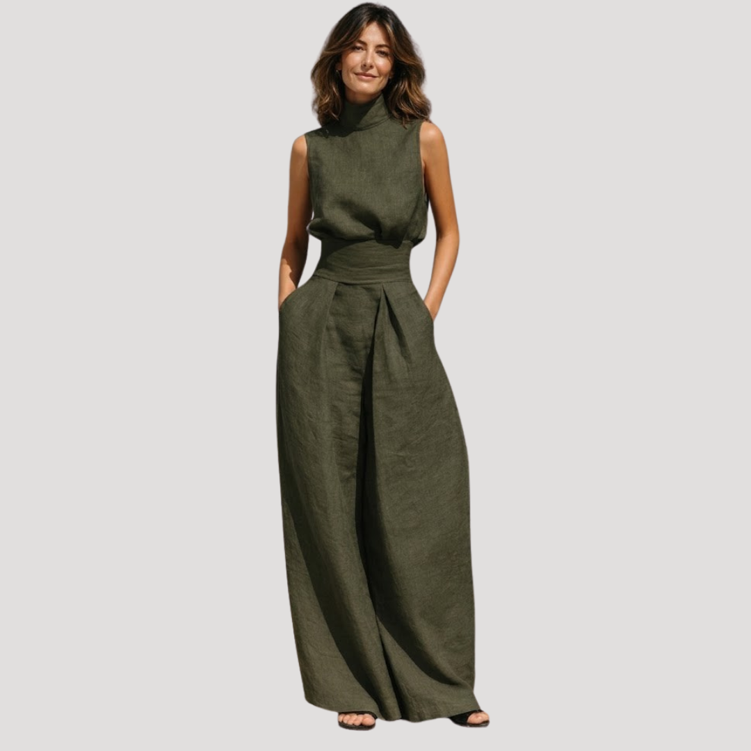 Briana | Women's Mock Neck Sleeveless Wide Leg Trouser Set - Beige - Image 3