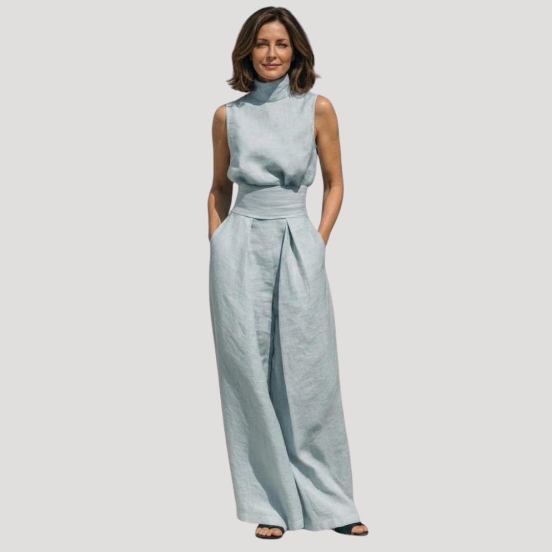 Briana | Women's Mock Neck Sleeveless Wide Leg Trouser Set - Beige - Image 4