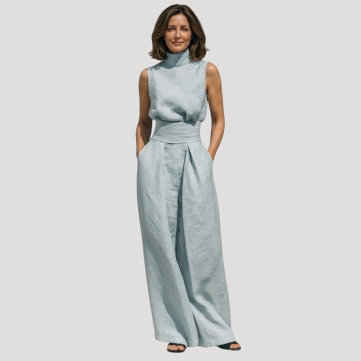 Briana | Women's Mock Neck Sleeveless Wide Leg Trouser Set - Beige - Image 4