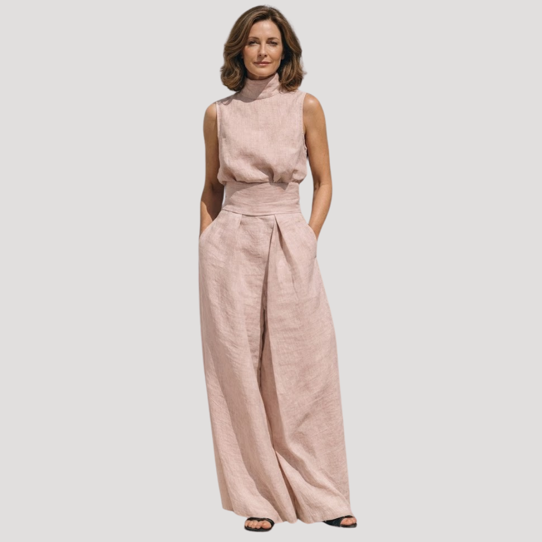 Briana | Women's Mock Neck Sleeveless Wide Leg Trouser Set - Beige - Image 5