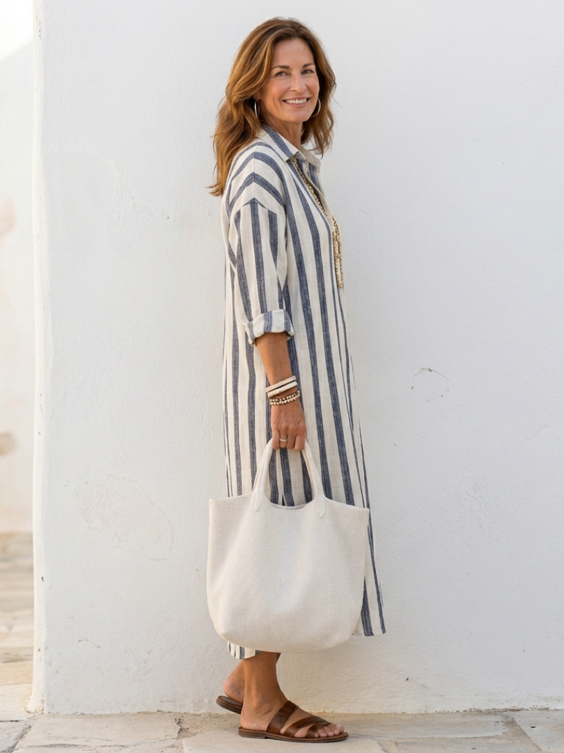 Brielle | Women's Striped Long Sleeve Midi Shirt Dress - Striped - Image 2