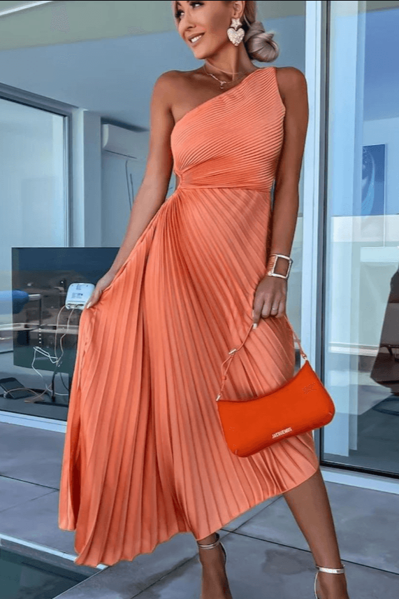 Calinda | Women's One Shoulder Pleated Midi Dress - White - Image 5