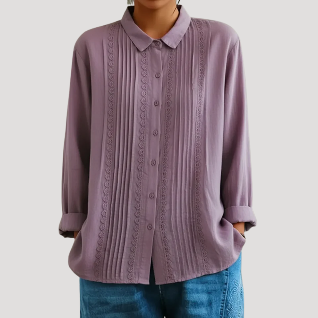 Calista | Women's Pleated Button Front Long Sleeve Blouse - White - Image 4