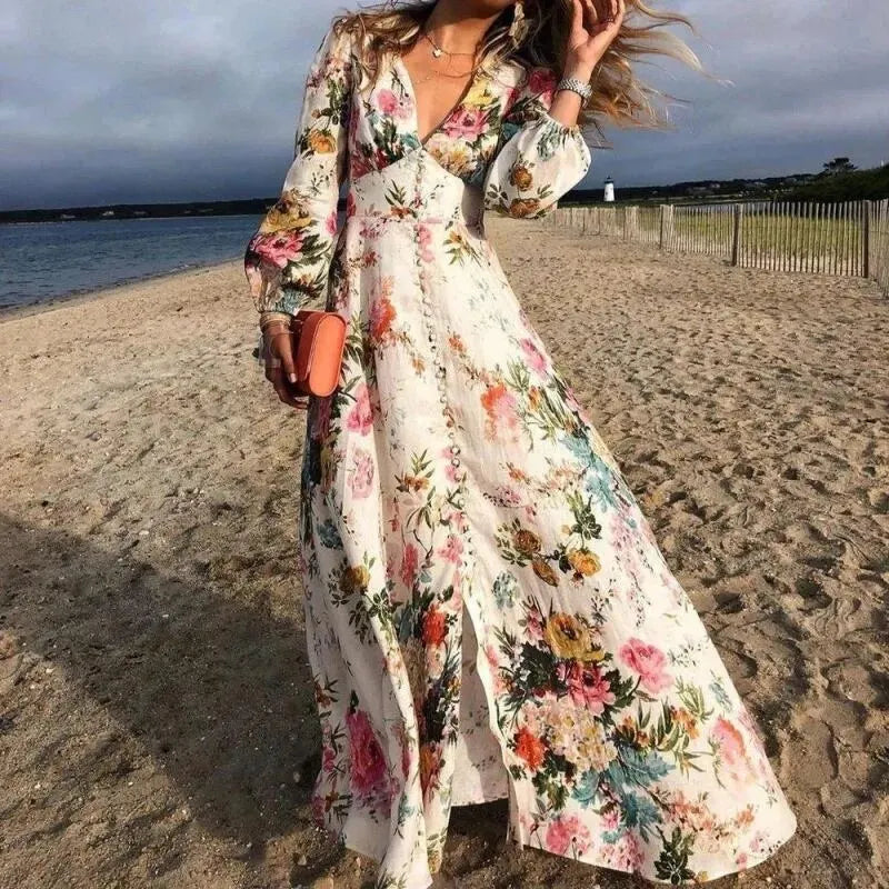 Calla | Women's Floral Print V-Neck Long Sleeve Maxi Dress - Floral - Image 1