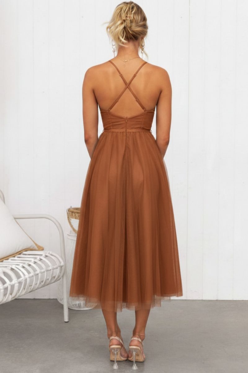 Calliope | Women's Corset Bodice Tulle Midi Dress - Brown - Image 2