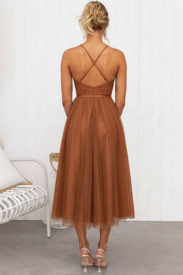 Calliope | Women's Corset Bodice Tulle Midi Dress - Brown - Image 2
