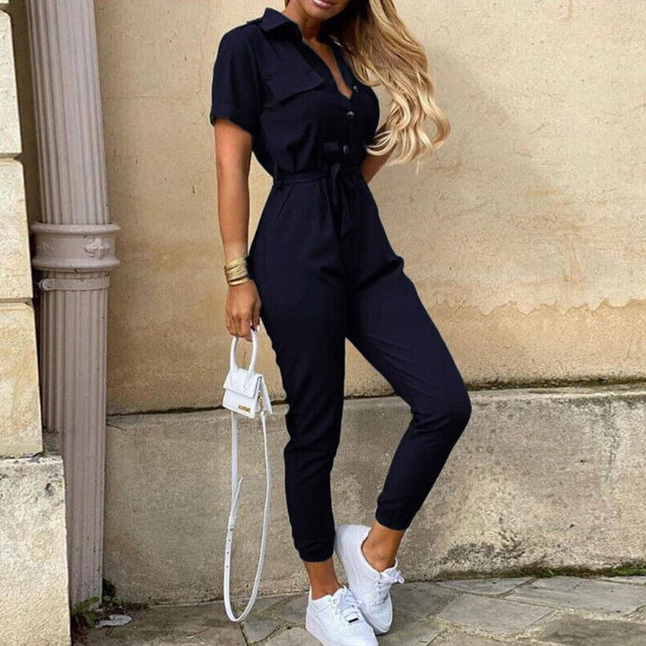 Calloway | Women's Striped Collared Short Sleeve Jumpsuit - Striped - Image 9