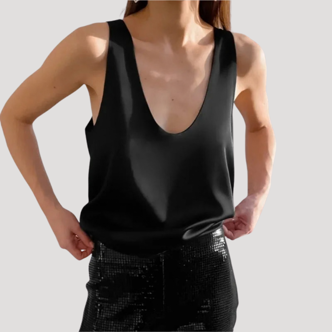 Camille | Women's Deep V Neck Sleeveless Tank Top - Black - Image 1