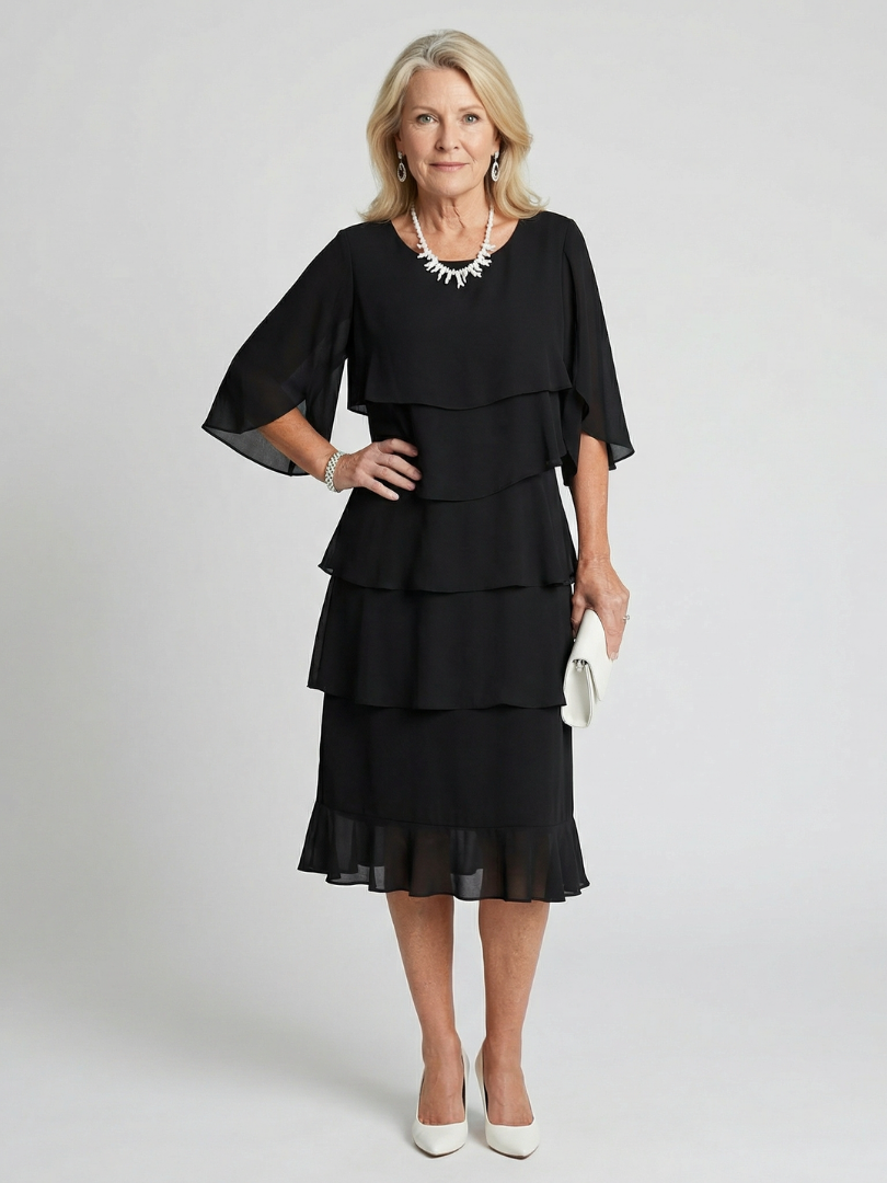 Cassia | Women's Tiered Flutter Sleeve Midi Dress - Black - Image 1