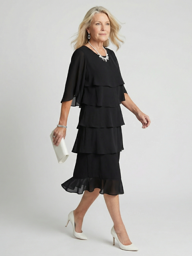 Cassia | Women's Tiered Flutter Sleeve Midi Dress - Black - Image 2