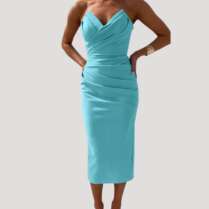 Celeste | Women's Strapless Ruched Bodycon Midi Dress - Light Blue - Image 5