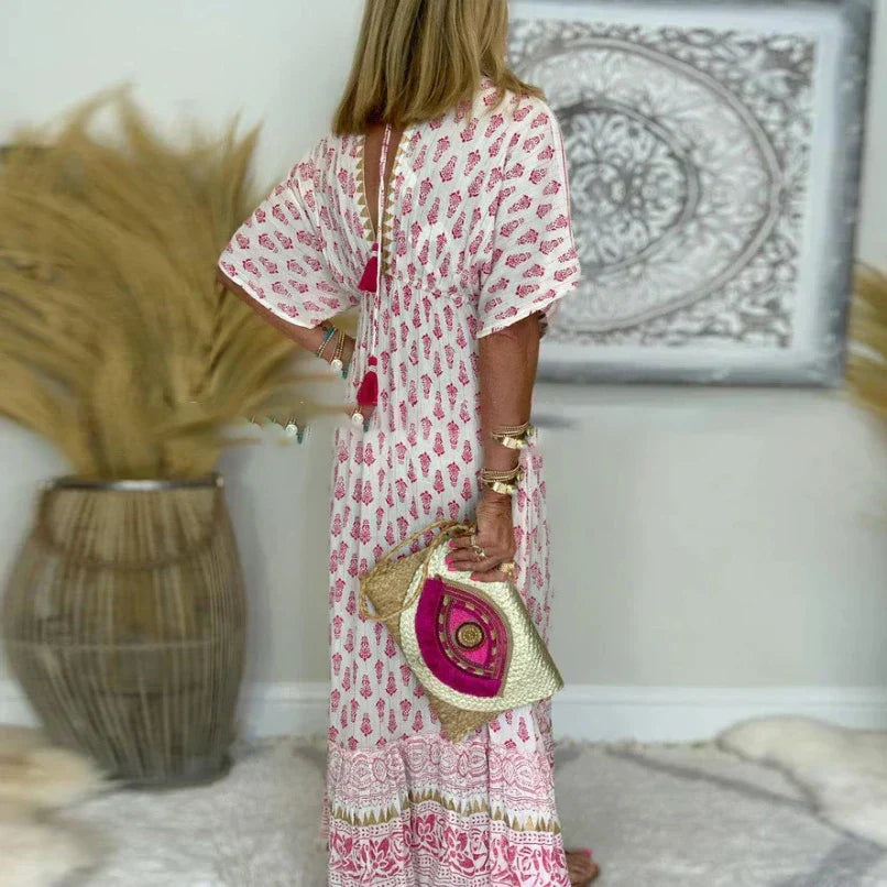Clementine | Women's Printed Short Sleeve Maxi Dress - Pink - Image 3