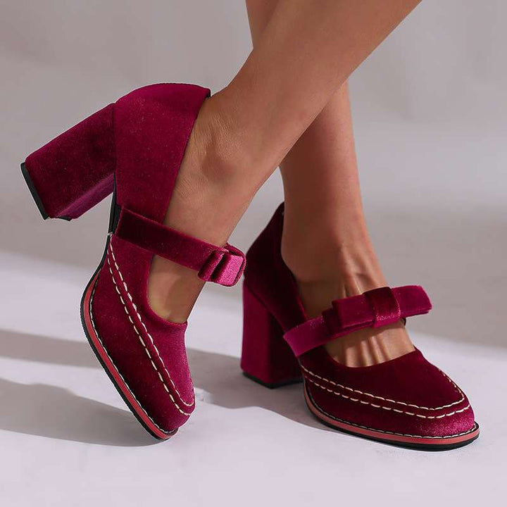 Corinna | Women's Mary Jane Block Heel Bow Pump - Burgundy - Image 13