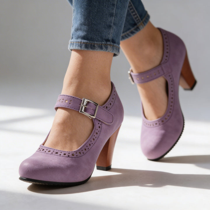 Corvin | Women's Mary Jane Block Heel Brogue Pump - Taupe - Image 10