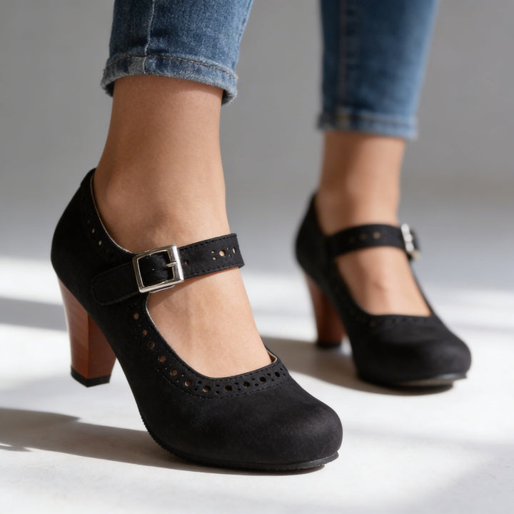 Corvin | Women's Mary Jane Block Heel Brogue Pump - Taupe - Image 7