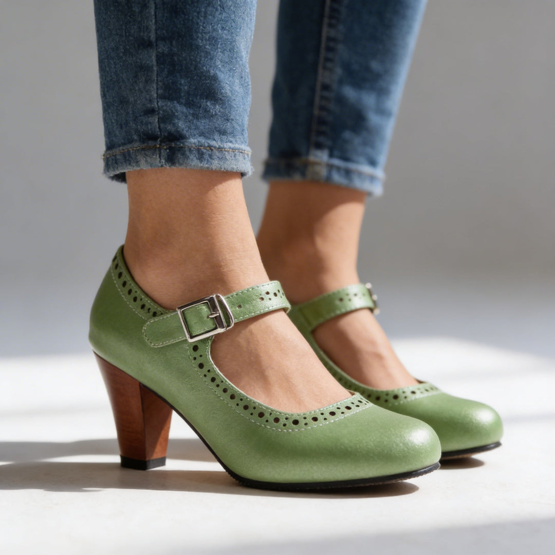 Corvin | Women's Mary Jane Block Heel Brogue Pump - Taupe - Image 9