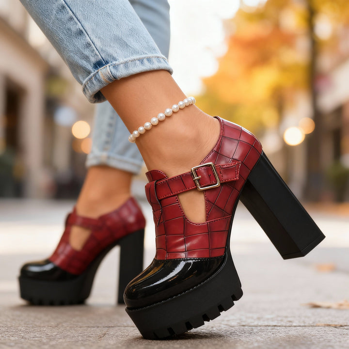 Delancey | Women's Platform Block Heel Mary Jane Pumps - Burgundy - Image 1