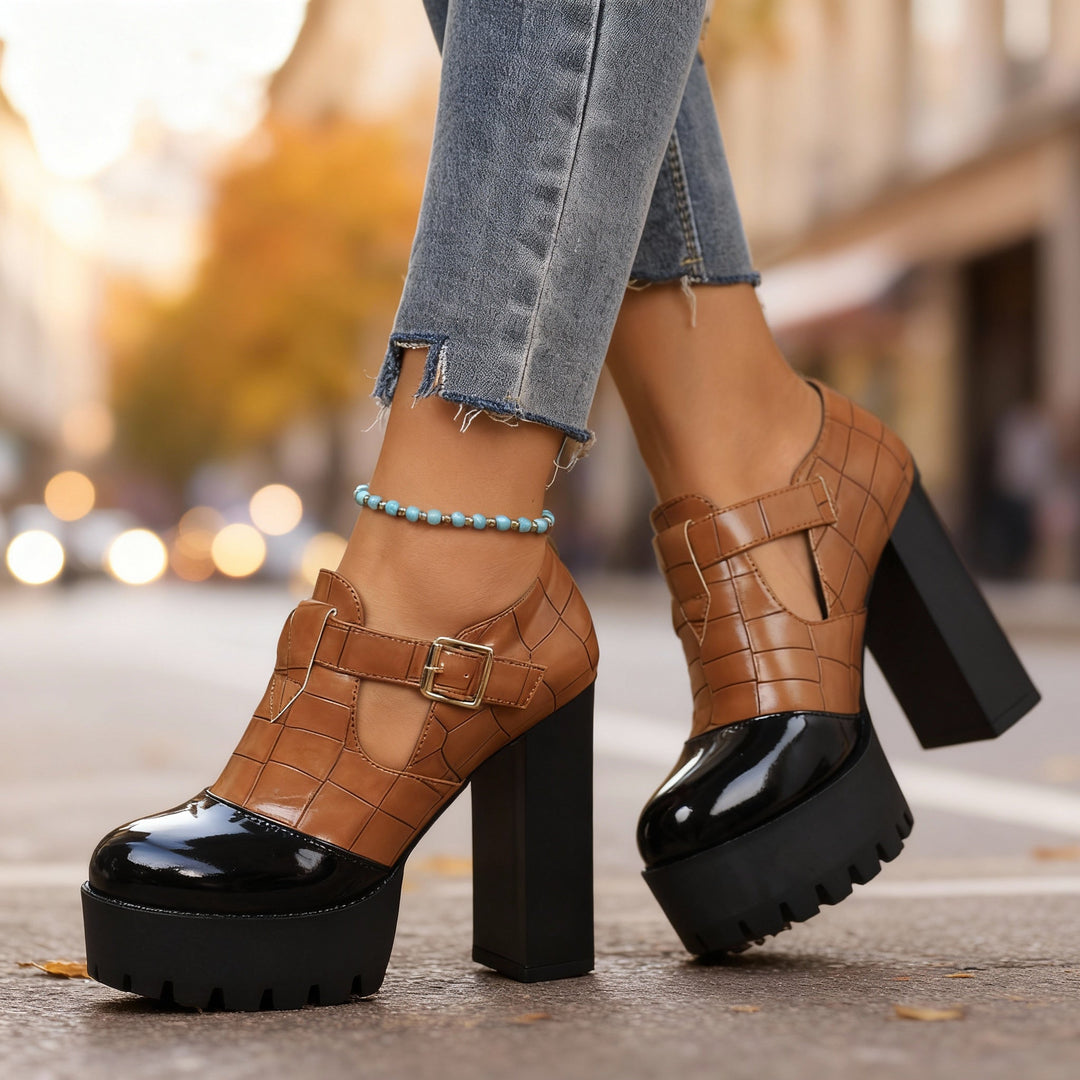 Delancey | Women's Platform Block Heel Mary Jane Pumps - Burgundy - Image 3