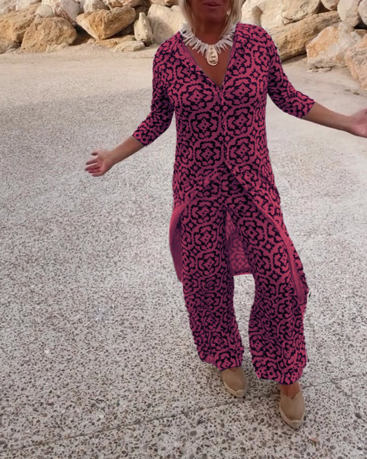 Delphine | Women's Printed V-Neck Tunic Wide Leg Pants Set - Black - Image 10