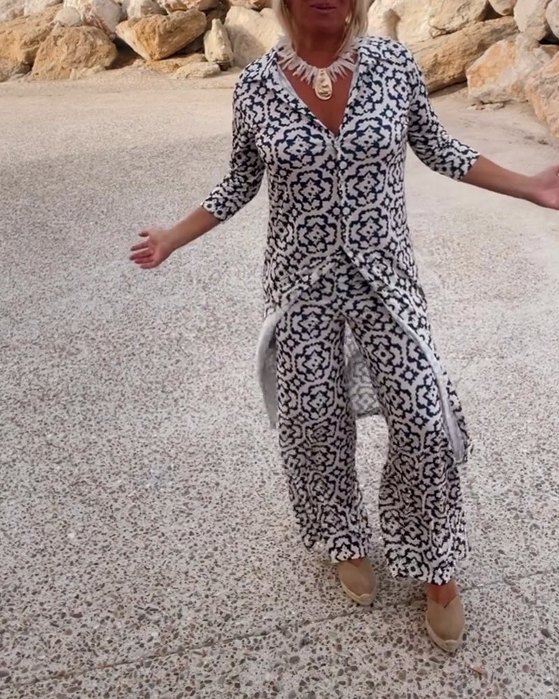 Delphine | Women's Printed V-Neck Tunic Wide Leg Pants Set - Black - Image 2