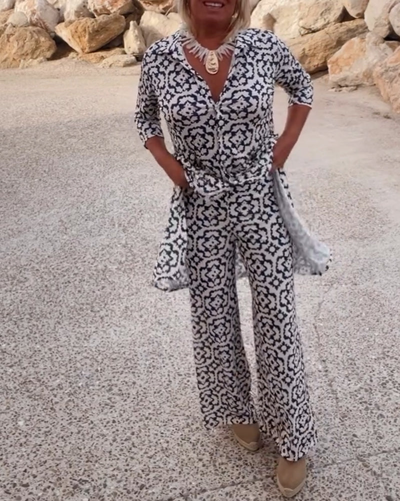 Delphine | Women's Printed V-Neck Tunic Wide Leg Pants Set - Black - Image 3