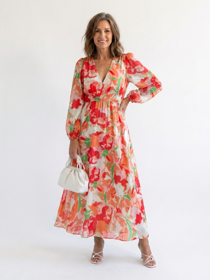 Emilia | Women's V Neck Long Sleeve Floral Maxi Dress - Floral - Image 5