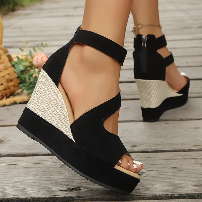 Evangeline | Women's Platform Ankle Strap Wedge Sandals - Black - Image 4