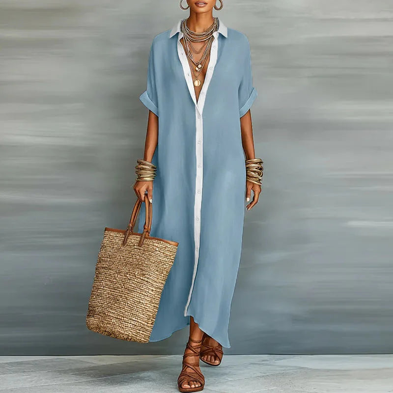 Evelina | Women's Button Down Maxi Shirt Dress - Khaki - Image 7